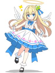 1girl angel angel_wings back_bow black_shoes blonde_hair blue_bow blue_bowtie blue_eyes blush bow bowtie center_frills closed_mouth commentary_request dot_nose dress frilled_dress frills full_body hair_ornament halo highres kotatsu-mazoku long_hair looking_at_viewer mary_janes original shoes shoshinsha_mark simple_background sleeveless sleeveless_dress smile socks solo sparkle standing standing_on_one_leg traditional_halo white_background white_dress white_socks white_wings wings wrist_cuffs