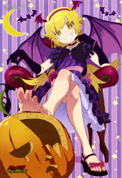 1girl absurdres armchair bat_background black_choker black_gloves blonde_hair blush_stickers bow bracelet chair choker collarbone crossed_legs dress dress_flower elbow_gloves feet flower footwear_bow full_body gloves grin hairband halloween halloween_costume hand_up high_heel_sandals high_heels highres holding holding_sandals holding_unworn_clothes jewelry long_hair magazine_scan megami_magazine monogatari_(series) moon official_art on_chair oshino_shinobu pointy_ears pumpkin purple_background purple_dress purple_wings red_flower red_hairband sandals scan single_bare_foot sitting smile solo star_(symbol) star_symbol_background striped_background toenails toes translation_request winged_hairband wings yellow_eyes