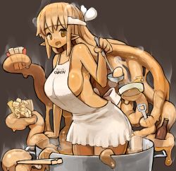 1girl apron bottle bottle_opener breasts brown_hair chikuwa chopsticks clothes_writing colored_skin commentary cooking cowboy_shot dark-skinned_female dark_skin dripping egg female_focus food food_request headband highres in_container in_food ladle large_breasts leaning_forward long_hair looking_at_viewer matching_hair/eyes monster_girl naked_apron nijitama_shiyushiyu oden open_mouth orange_eyes orange_hair orange_skin original personification pointy_ears pot prehensile_hair sausage sideboob sidelocks simple_background slime_girl solo standing steam tentacle_hair tentacles very_long_hair
