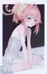 1girl absurdres alternate_costume bare_arms bare_shoulders blue_archive blush commentary dress hair_bun hair_ornament hair_scrunchie highres huge_filesize loli looking_at_viewer medium_hair natsu_(band)_(blue_archive) natsu_(blue_archive) oekaki_siro official_alternate_hairstyle open_mouth pink_eyes pink_hair scrunchie sidelocks sleeveless sleeveless_dress solo white_dress yellow_scrunchie