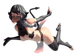 ass black_gloves black_hair black_thighhighs braid braided_ponytail breasts brown_eyes cleavage commission cyberpunk cyborg dancer demon_tail elbow_gloves fangs fingerless_gloves full_body gloves gradient_hair grey_hair highres john_doe_(jdart) large_breasts lips long_hair looking_at_viewer mechanical_tail mouth_veil multicolored_hair original pixiv_commission revealing_clothes see-through_pelvic_curtain smile tail thighhighs toeless_legwear veil white_background