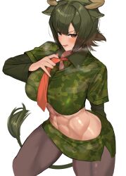 1girl a888_n22 abs absurdres animal_ears arm_behind_back arm_up aurochs_(kemono_friends) blush breast_pocket breasts brown_eyes brown_hair brown_horns brown_pantyhose camouflage camouflage_shirt camouflage_skirt clothes_grab collared_shirt cow_ears cow_girl cow_horns cow_tail cropped_legs cropped_shirt green_hair grey_background highres horns kemono_friends large_breasts layered_sleeves long_sleeves looking_at_viewer medium_hair microskirt midriff multicolored_hair necktie necktie_grab neckwear_grab open_mouth pantyhose parted_bangs pocket red_necktie shiny_skin shirt short_over_long_sleeves short_sleeves simple_background skirt smile solo stomach sweat tail tan toned toned_female two-tone_hair v-shaped_eyebrows wing_collar