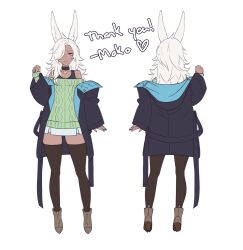1boy animal_ears black_coat black_thighhighs cable_knit choker closed_mouth coat collarbone dark-skinned_male dark_skin from_behind full_body green_sweater grey_eyes hair_over_one_eye heart heart_choker high_heels highres long_hair male_focus messy_hair mokotoko9 multiple_views off-shoulder_sweater off_shoulder original rabbit_boy rabbit_ears simple_background smile standing sweater thank_you thighhighs trap two-sided_coat two-sided_fabric white_background white_hair zettai_ryouiki
