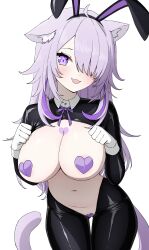 1girl :3 absurdres animal_ear_fluff animal_ears black_pantyhose black_shrug blush breasts cat_ears cat_girl cat_tail collared_shrug commentary crotchless crotchless_pantyhose daydarion fake_animal_ears fang frontless_outfit gloves hair_over_one_eye heart_maebari heart_on_chest heart_pasties highres hololive large_breasts latex latex_legwear latex_shrug leotard long_hair looking_at_viewer maebari meme_attire multicolored_hair navel nekomata_okayu open_mouth pantyhose pasties playboy_bunny purple_eyes purple_hair purple_pasties rabbit_ears revealing_clothes reverse_bunnysuit reverse_outfit shrug_(clothing) simple_background smile solo streaked_hair tail virtual_youtuber white_background white_gloves
