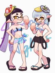 2girls bikini black_hair blunt_bangs breasts callie_(splatoon) callie_(summer_nights)_(splatoon) cleavage fangs flip-flops food front-tie_bikini_top front-tie_top fruit full_body highres lemon lemon_slice long_hair looking_at_another marie_(splatoon) marie_(summer_nights)_(splatoon) medium_breasts mole mole_under_eye multiple_girls nastar_r0 navel nintendo official_alternate_costume official_alternate_hairstyle open_mouth oyster pointy_ears sandals sarong shorts shrimp smile splatoon_(series) splatoon_3 standing strapless suspenders suspenders_hanging swimsuit tube_top white_hair yellow_eyes