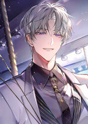 1boy black_necktie carousel charlie_su chinese_commentary collar_chain_(jewelry) collared_shirt curtained_hair day formal_clothes grey_hair jacket lapels light_and_night_love light_particles looking_at_viewer male_focus necktie notched_lapels open_clothes open_jacket parted_bangs parted_lips portrait print_necktie purple_eyes purple_shirt s_(olath) shirt short_hair smile solo suit suit_jacket vest white_jacket white_suit white_vest