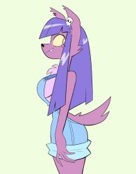 1girl animal_ears blue_overalls from_side furry furry_female herny highres original overalls purple_fur purple_hair simple_background snout tail wolf_ears wolf_girl wolf_tail