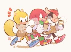 3boys :d ^_^ artist_name aukives bad_id bad_pixiv_id steamed_bun blue_footwear breath brown_coat brown_outline closed_eyes coat cup disposable_coffee_cup disposable_cup eating fang food full_body furry furry_male gloves green_scarf holding holding_cup holding_food hood hood_down hooded_coat knuckles_the_echidna long_sleeves looking_at_another male_focus mighty_the_armadillo multiple_boys notice_lines open_mouth outline ray_the_flying_squirrel red_footwear red_fur roasted_sweet_potato scarf shoes simple_background smile socks sonic_(series) spiked_gloves sweet_potato walking white_background white_gloves white_scarf white_socks yellow_fur