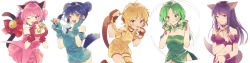 5girls :p ;d aizawa_mint animal_ears blonde_hair blue_gloves blue_hair bubble_skirt cat_ears cat_tail choker dress expressionless fong_pudding frilled_thigh_strap fujiwara_zakuro gloves green_hair hand_on_own_cheek hand_on_own_face highres kouhara_yuyu long_hair looking_at_viewer looking_away magical_girl mew_ichigo mew_lettuce mew_mint mew_pudding mew_zakuro midorikawa_lettuce momomiya_ichigo multiple_girls one_eye_closed open_mouth parted_lips pink_choker pink_dress pink_eyes pink_hair puffy_sleeves purple_hair red_gloves red_ribbon ribbon short_hair skirt sleeveless sleeveless_dress smile standing strapless tail teeth thigh_strap tokyo_mew_mew tongue tongue_out upper_teeth_only yellow_eyes