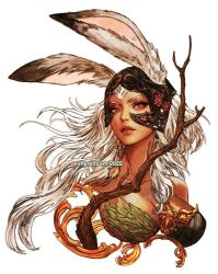 Rule 34 | 1girl, animal ears, artist name, branch, breasts, cleavage, collarbone, commentary, cropped torso, dark-skinned female, dark skin, dated, ears through headwear, english commentary, eyelashes, final fantasy, final fantasy xii, fran (ff12), helmet, large breasts, lips, long hair, painting (medium), rabbit ears, red eyes, solo, traditional media, upper body, vhyrel, viera, watercolor (medium), white hair