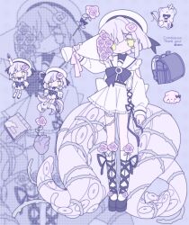1girl absurdres backpack bad_id bad_twitter_id bag black_shoes blunt_bangs blunt_ends blush_stickers book bouquet chibi chibi_inset closed_mouth collared_shirt commission flower fpwrs full_body green_eyes hair_flower hair_ornament hand_up hat heart_(organ) highres holding holding_bouquet long_sleeves looking_at_viewer needle original pink_flower pink_rose plant pleated_skirt purple_background rose sailor_hat school_uniform serafuku sewing_needle shirt shoes short_hair skirt solo standing stuffed_animal stuffed_toy teddy_bear tentacles thorns torn_book vines white_hair white_hat white_serafuku white_shirt white_skirt x_hair_ornament zoom_layer