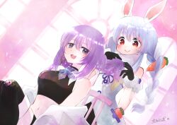 2girls absurdres animal_ear_fluff animal_ears black_gloves black_shirt blue_hair braid braiding_hair carrot_hair_ornament chair crop_top earrings food-themed_hair_ornament gloves grey_eyes hair_ornament hairdressing highres hololive hololive_indonesia indoors jewelry light_blue_hair long_hair midriff mocha_fushigi moona_hoshinova moona_hoshinova_(1st_costume) multiple_girls open_mouth purple_hair rabbit_ears red_eyes shirt sitting smile symbol_in_eye thick_eyebrows twin_braids usada_pekora usada_pekora_(1st_costume) virtual_youtuber window
