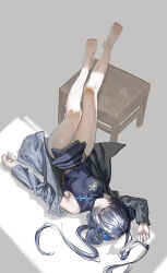 1542_700 1girl bare_legs barefoot black_dress black_hair blue_archive butterfly_hair_ornament china_dress chinese_clothes closed_mouth double_bun dress feet_on_table grey_eyes grey_jacket hair_between_eyes hair_bun hair_ornament highres jacket kisaki_(blue_archive) long_hair lying on_back sleeveless sleeveless_dress solo striped_clothes striped_jacket twintails vertical-striped_clothes vertical-striped_jacket
