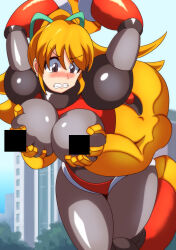absurdres antennae armor armored_boots armored_gloves arms_up bar_censor bdsm bikini_armor blonde_hair blue_eyes blush bondage boots bound bound_wrists breasts censored from_behind grabbing_another&#039;s_breast green_ribbon groping hair_ribbon hairband headphones highres hyper_roll_(marvel_vs._capcom) joints knee_boots kotatuman_dash large_breasts long_hair looking_at_viewer marvel_vs._capcom mechanical_arms mechanical_boots mechanical_legs mega_man_(classic) mega_man_(series) ponytail radio_antenna red_armor ribbon robot robot_girl robot_joints roll_(mega_man) shame shoulder_armor sidelocks smile yellow_devil_(mega_man)