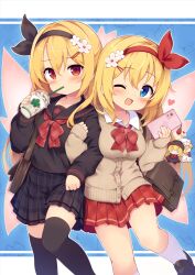 Rule 34 | 2girls, ;d, baku-p, black hairband, black ribbon, black sailor collar, black serafuku, black shirt, black shoes, black skirt, black thighhighs, blonde hair, blue eyes, blush, bow, breasts, briefcase, brown cardigan, cardigan, cellphone charm, character charm, charm (object), collared shirt, commentary request, cup, disposable cup, drinking straw, fairy wings, feet out of frame, hair between eyes, hair ribbon, hairband, heart, highres, holding, holding cup, large breasts, lily black, lily white, loafers, locked arms, long hair, long sleeves, looking at viewer, multiple girls, one eye closed, open mouth, pink wings, plaid bow, plaid clothes, plaid skirt, pleated skirt, puffy long sleeves, puffy sleeves, red bow, red eyes, red hairband, red ribbon, red skirt, ribbon, sailor collar, school briefcase, school uniform, serafuku, shirt, shoes, skirt, sleeves past wrists, smile, socks, thighhighs, touhou, very long hair, white shirt, white socks, wings