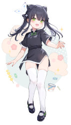 Rule 34 | 1girl, absurdres, animal ears, black dress, black hair, black shoes, blue archive, blue halo, blush, chinese clothes, dress, extra ears, full body, green eyes, halo, highres, long hair, looking at viewer, open mouth, shoes, short sleeves, shun (blue archive), shun (small) (blue archive), simple background, smile, solo, somray, thighhighs, two side up, white background, white thighhighs