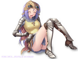 1girl 2000s_(style) armor armored_boots armored_skirt blush boots breastplate brown_cape brown_socks cape censored chainmail closed_eyes clothes_between_thighs commentary_request cross full_body game_available gauntlets goggles goggles_on_head greaves helmet kazuma_muramasa knight knight_(ragnarok_online) latin_cross long_hair mosaic_censoring no_panties open_mouth pauldrons polearm purple_hair pussy ragnarok_online shoulder_armor simple_background sitting socks solo variant_set weapon white_background