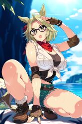 Rule 34 | 1girl, ahoge, animal ears, black-framed eyewear, black gloves, blonde hair, blue sky, breasts, cloud, day, glasses, gloves, green eyes, green shorts, highres, horse ears, horse girl, horse tail, large breasts, ocean, open mouth, reibun (raven1119), shirt, short hair, shorts, sky, squatting, tail, tied shirt, tucker bryne (umamusume), umamusume, white shirt