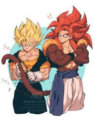 Rule 34 | 1boy, biceps, blue eyes, blue sash, body fur, dragon ball, dragon ball gt, earrings, gogeta, highres, jewelry, male focus, metamoran vest, monkey boy, monkey tail, muscular, muscular male, no nipples, pants, pectorals, potara earrings, red hair, relio db318, sash, simple background, spiked hair, super saiyan, super saiyan 1, super saiyan 4, tail, vegetto, veins, veiny hands, white pants