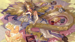 1girl absurdres anger_vein annotated arknights artist_name baguette bare_arms bare_shoulders basket belt blonde_hair blue_eyes blue_hair book bread chinese_commentary chongyue_(arknights) colored_extremities commentary_request croissant dappled_sunlight day dragon_bubble_(arknights) dragon_girl dragon_horns dragon_tail dusk_(arknights) earrings food full_body grass hair_between_eyes hair_intakes hair_spread_out hand_on_own_head head_rest highres horns jewelry ling_(arknights) long_hair lying mixed-language_commentary multicolored_hair necklace nian_(arknights) no_jacket on_ground on_side open_book open_mouth outdoors pants picnic picnic_basket picnic_blanket plant plate pointy_ears sauce shu_(arknights) silver4581 solo strapless sunlight tail tube_top twitter_username watermark white_belt white_hair white_pants white_tube_top yu_(arknights)