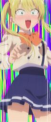 1girl anime_screenshot blazer blonde_hair blue_skirt blush bow bowtie breasts collared_shirt dot_nose fangs female_focus green_eyes highres hoshizaki_rika_(kanojo_mo_kanojo) jacket kanojo_mo_kanojo large_breasts legs long_hair long_image long_sleeves miniskirt nervous nervous_sweating open_mouth orange_bow orange_bowtie pleated_skirt school_uniform shirt shirt_tucked_in skirt solo solo_focus stitched sweat sweatdrop teeth thighs thighs_focus third-party_edit twintails upper_teeth_only white_shirt