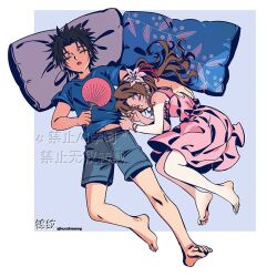 1boy 1girl aerith_gainsborough bare_legs bare_shoulders barefoot black_hair blue_shirt blue_shorts border bracelet brown_hair closed_eyes closed_mouth dress feet final_fantasy final_fantasy_vii final_fantasy_vii_ever_crisis flower hair_flower hair_ornament hand_fan hand_on_another&#039;s_back holding holding_fan huosheanng jewelry long_hair lying midriff_peek on_back on_side open_mouth outside_border pillow pink_dress ponytail shirt short_sleeves shorts sleeping sleeveless sleeveless_dress spiked_hair twitter_username white_border white_flower zack_fair