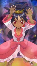 1girl arms_up artist_request child clenched_hands collarbone dark-skinned_female dark_skin dress eyelashes facing_viewer feet feet_up female_focus fingernails flat_chest happy highres iris_(pokemon) knees legs long_hair long_sleeves looking_at_viewer low-tied_long_hair neck nintendo official_alternate_costume official_alternate_hairstyle open_clothes open_skirt parted_bangs pink_dress pokemon pokemon_bw2 purple_hair red_eyes sandals sidelocks signature skirt smile standing standing_on_one_leg star_(sky) starry_sky_background stretching thighs tiara toenails toes v-neck v-shaped_eyebrows very_long_hair white_sandals wide_sleeves