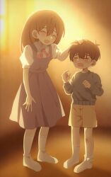 1boy 1girl absurdres aged_down antenna_hair black_hair blood blurry blurry_background blush brother_and_sister brown_shorts child closed_eyes collared_shirt crying double-parted_bangs highres indoors injury kneehighs long_hair long_sleeves mari_(faraway)_(omori) mari_(omori) my_loleeta omori open_mouth shirt short_hair shorts siblings socks sunny_(omori) sweater white_shirt white_socks