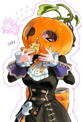 &gt;_&lt; 3girls black_dress bow bowtie breasts brown_hair chibi chibi_inset dress dress_bow flying food food_on_clothes highres holding holding_food jack-o&#039;-lantern korean_text large_breasts long_sleeves meisho_doto_(dot-o&#039;-lantern)_(umamusume) meisho_doto_(umamusume) multiple_girls ooo8_q pizza pumpkin_hat simple_background standing sweatdrop umamusume upper_body white_background