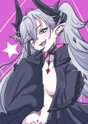 1girl black_gloves black_horns black_jacket breasts collarbone demon_horns fang fate/grand_order fate_(series) giorgio_(yo_sumire_sola1) gloves green_eyes grey_hair highres horns jacket lilith_(fate) long_hair looking_at_viewer medium_breasts navel open_clothes open_jacket open_mouth pink_background pointy_ears solo tongue tongue_out turtleneck turtleneck_jacket