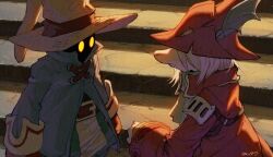 1boy 1girl armor ascot black_mage_(final_fantasy) blue_coat burmeoburmeo coat final_fantasy final_fantasy_ix freija_crescent hat helmet high_collar highres long_sleeves looking_at_another mouse_girl nanpou_(nanpou0021) red_coat red_headwear shoulder_armor sitting sitting_on_stairs stairs upper_body vivi_ornitier white_ascot white_hair winged_helmet wizard_hat yellow_eyes