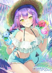 Rule 34 | 1girl, alternate costume, blue shorts, braid, breasts, center-flap bangs, cleavage, commentary, cropped shirt, cup, day, demon girl, denim, denim shorts, double-parted bangs, drink, frayed shorts, frilled shirt, frills, gradient hair, green eyes, grin, hair between eyes, hair ornament, hairclip, halterneck, hands up, hashtag-only commentary, hat, highleg, highleg panties, highres, holding, holding cup, holding drink, hololive, long hair, looking at viewer, low twin braids, medium breasts, midriff, multicolored hair, nametakeko, navel, navel piercing, off-shoulder shirt, off shoulder, outdoors, panties, panty straps, parallel hairclips, piercing, pink hair, purple hair, shirt, short shorts, short sleeves, shorts, smile, solo, straw hat, sun hat, tail, tail ornament, tail piercing, tokoyami towa, twin braids, underwear, virtual youtuber, white shirt