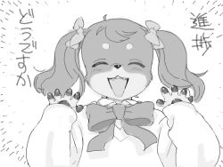 1girl animal_hands body_fur bow bowtie closed_eyes dog_girl emphasis_lines fangs furry furry_female greyscale hands_up kikurage_(crayon_arts) monochrome open_mouth original simple_background sleeves_past_wrists solo sweater translation_request twintails upper_body white_background