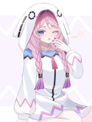 Rule 34 | 1girl, ;o, blue eyes, braid, citlali (genshin impact), commentary request, facial mark, forehead mark, genshin impact, highres, hood, hood up, hooded pajamas, kino (curry pan), long hair, long sleeves, looking at viewer, one eye closed, open mouth, pajamas, parted bangs, pink hair, pink pupils, revision, solo, squeans, triangle, triangle facial mark, twin braids, watermark, yawning