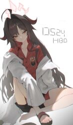 Rule 34 | 1girl, absurdres, ahoge, barefoot, black hair, black horns, black sandals, black shorts, blue archive, blush, closed mouth, coat, collarbone, collared shirt, colored inner hair, commentary request, demon girl, demon horns, drill hair, drill sidelocks, full body, gradient horns, hair intakes, halo, highres, horns, kasumi (blue archive), lab coat, long hair, long sleeves, multicolored hair, multicolored horns, red halo, red horns, red shirt, s0lari sub, sandals, shirt, short shorts, shorts, sidelocks, single bare foot, sleeves past fingers, sleeves past wrists, smile, solo, thighs, toes, very long hair, white background, white coat, wide sleeves, yellow eyes