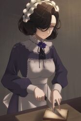 1girl apron black_hair black_ribbon bread bread_slice chopping closed_mouth cutting_board dress flower food grey_background hair_over_one_eye highres holding holding_knife knife looking_at_viewer maid maid_headdress milmil7 neck_flower neck_ribbon one_eye_covered pink_eyes purple_dress purple_flower reverse:1999 ribbon short_hair smile solo table toast tuesday_(reverse:1999) upper_body white_apron