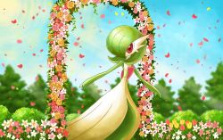 arch chachahara_ai colored_skin commentary_request day floral_arch flower gardevoir gen_3_pokemon green_hair nintendo outdoors petals pokemon pokemon_(creature) red_eyes sky solo standing white_flower white_skin yellow_flower