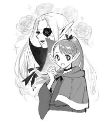 1boy 1girl bad_id bad_twitter_id dungeon_meshi elf eyelashes eyepatch flower frs2 greyscale high_collar long_hair looking_at_viewer looking_to_the_side marcille_donato monochrome pointy_ears ponytail robe rose smile succubus_(dungeon_meshi)
