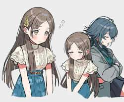 2girls blue_skirt blush brown_eyes coat commentary_request crossed_arms gakuen_idolmaster green_hair grey_background grey_coat hair_ornament idolmaster ippan_gakumasup kuramoto_china laurels multiple_girls multiple_views shirt_tucked_in simple_background skirt squeans tsukimura_temari