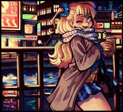 1girl ;d asymmetrical_hair bag blonde_hair blue_eyes blue_scrunchie blue_skirt blush bridge bubble_tea building city coat cowboy_shot earrings fang galko gyaru hair_between_eyes hair_bun hair_ornament hair_scrunchie jewelry long_hair looking_at_viewer mogy64 nail_polish night one_eye_closed one_side_up open_mouth oshiete!_galko-chan outdoors plaid_clothes plaid_skirt pleated_skirt river road scarf scrunchie shoulder_bag single_side_bun skirt smile solo street stud_earrings walking water