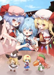 6+girls alice_margatroid bat_wings black_dress blonde_hair blue_dress blue_eyes blue_hair blush brown_hair chibi china_dress chinese_clothes cirno crystal_wings dress flandre_scarlet green_dress group_picture hat highres hong_meiling ice ice_wings kirisame_marisa long_hair mikan_(manmarumikan) mob_cap multiple_girls pink_hat pink_shirt pink_skirt red_eyes red_shirt red_skirt remilia_scarlet shirt short_hair siblings side_ponytail sisters skirt touhou white_hat wings yellow_eyes