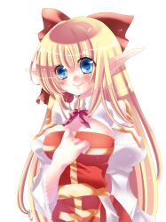 1girl arch_bishop_(ragnarok_online) blonde_hair blue_eyes blush bow bowtie breasts cleavage cleavage_cutout closed_mouth clothing_cutout commentary cross dress english_commentary hair_bow highres juliet_sleeves large_breasts long_hair long_sleeves looking_at_viewer nanami_(s881201guy) pointy_ears puffy_sleeves ragnarok_online red_bow red_bowtie red_dress sash simple_background smile solo two-tone_dress upper_body white_background white_dress yellow_sash