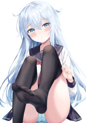 1girl absurdres adjusting_clothes adjusting_legwear art_crab black_thighhighs blue_eyes blue_hair blue_panties blue_sailor_collar blue_skirt blush collarbone commentary_request crossed_bangs double-parted_bangs feet foot_out_of_frame hair_between_eyes hibiki_(kancolle) highres kantai_collection knees_up leg_up long_hair long_sidelocks long_sleeves looking_at_viewer neckerchief panties pantyshot pleated_skirt pout red_neckerchief sailor_collar shirt sidelocks simple_background sitting skirt solo thighhighs underwear very_long_hair white_background white_shirt