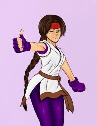 Rule 34 | 1girl, aldoesart, braid, braided ponytail, breasts, dougi, female focus, gloves, hairband, karate gi, leggings, long hair, medium breasts, one eye closed, pale skin, pants, ponytail, shiny clothes, skirt, smile, spandex, standing, the king of fighters, thighs, thumbs up, tongue, tongue out, wink, yoga pants, yuri sakazaki