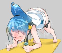 Rule 34 | 1girl, all fours, bare shoulders, barefoot, black neckwear, black sailor collar, blonde hair, blue hair, blush, breath, clenched hands, closed eyes, commentary request, controller, female ejaculation, female ejaculation through clothes, female focus, female orgasm, full body, gradient hair, grey background, hair tie, high ponytail, kantai collection, long hair, multicolored hair, nose blush, open mouth, orgasm, panties, ponytail, pussy juice, remote control, remote control vibrator, sailor collar, samidare (kancolle), school uniform, see-through clothes, serafuku, sex toy, shiny skin, shirt, simple background, sleeveless, sleeveless shirt, solo, steaming body, sweat, teeth, thigh strap, underwear, vibrator, vibrator cord, vibrator under clothes, white panties, white serafuku, yokoshima (euphoria)