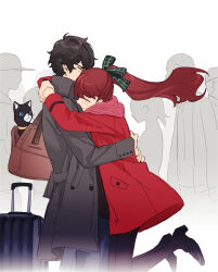 Rule 34 | 1boy, 1girl, absurdres, amamiya ren, animal, bag, black-framed eyewear, black cat, black hair, blush, brown bag, buttons, cat, closed eyes, closed mouth, commentary request, floating hair, from side, glasses, green ribbon, grey jacket, hair ribbon, hetero, highres, hug, in bag, in container, jacket, long hair, long sleeves, messy hair, morgana (cat) (persona 5), morgana (persona 5), persona, persona 5, persona 5 the royal, pink scarf, ponytail, red hair, red jacket, ribbon, rolling suitcase, scarf, short hair, smile, suitcase, tsubsa syaoin, tuxedo cat, yoshizawa kasumi
