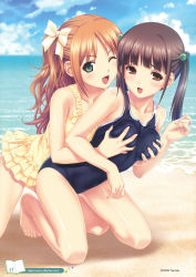 00s 10s 2009 2girls ;d absurdres barefoot beach bow breasts brown_eyes brown_hair casual_one-piece_swimsuit cloud competition_school_swimsuit covered_navel day feet female_focus grabbing_another&#039;s_breast green_eyes groping hair_bobbles hair_bow hair_ornament highres kneeling koutaro long_hair medium_breasts minazuki_izumi multiple_girls one-piece_swimsuit one_eye_closed open_mouth outdoors page_number sand school_swimsuit sky smile suzukaze_hotaru swimsuit toes tropical_kiss twintails water wink yuri