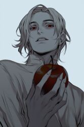 Rule 34 | 1boy, 23i2ko, :d, aegyo sal, apple, blue background, collared shirt, commentary, english commentary, fingernails, food, from below, fruit, grin, highres, holding, holding food, holding fruit, limited palette, looking at viewer, open mouth, original, red eyes, sharp fingernails, shirt, short hair, simple background, smile, solo, white hair, white shirt