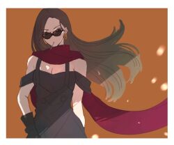 Rule 34 | 1girl, black dress, black gloves, border, brown hair, cigarette, commentary request, cowboy shot, dress, earrings, eyelashes, floating hair, gloves, gradient hair, jewelry, jojo no kimyou na bouken, lisa lisa, long hair, looking to the side, multicolored hair, orange background, purple scarf, scarf, solo, sunglasses, white border, yofuke (mu yume)