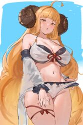 1girl :o adjusting_clothes adjusting_swimsuit ahoge anila_(granblue_fantasy) anila_(summer)_(granblue_fantasy) bare_shoulders bikini blonde_hair blush breasts cameltoe cleavage cowboy_shot detached_sleeves granblue_fantasy groin halterneck hand_on_own_thigh highres horns large_breasts leg_ribbon long_hair looking_at_viewer looking_down navel nuykkif orange_eyes ribbon solo standing swimsuit thigh_ribbon very_long_hair wet white_bikini wide_sleeves
